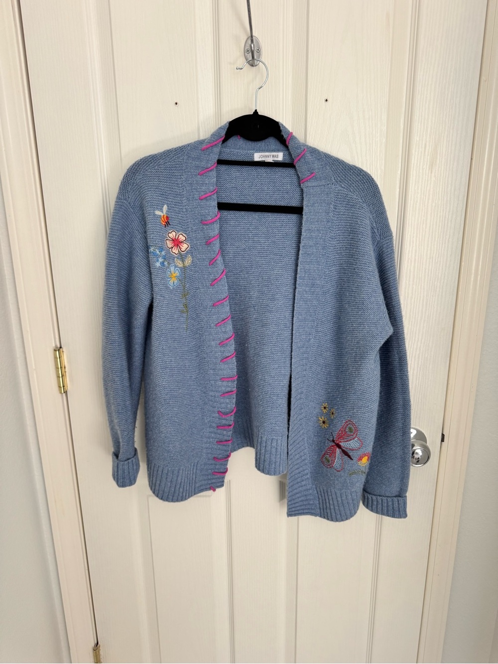 Johnny Was Light Blue Embroidered Open Cardigan with Pink Trim
